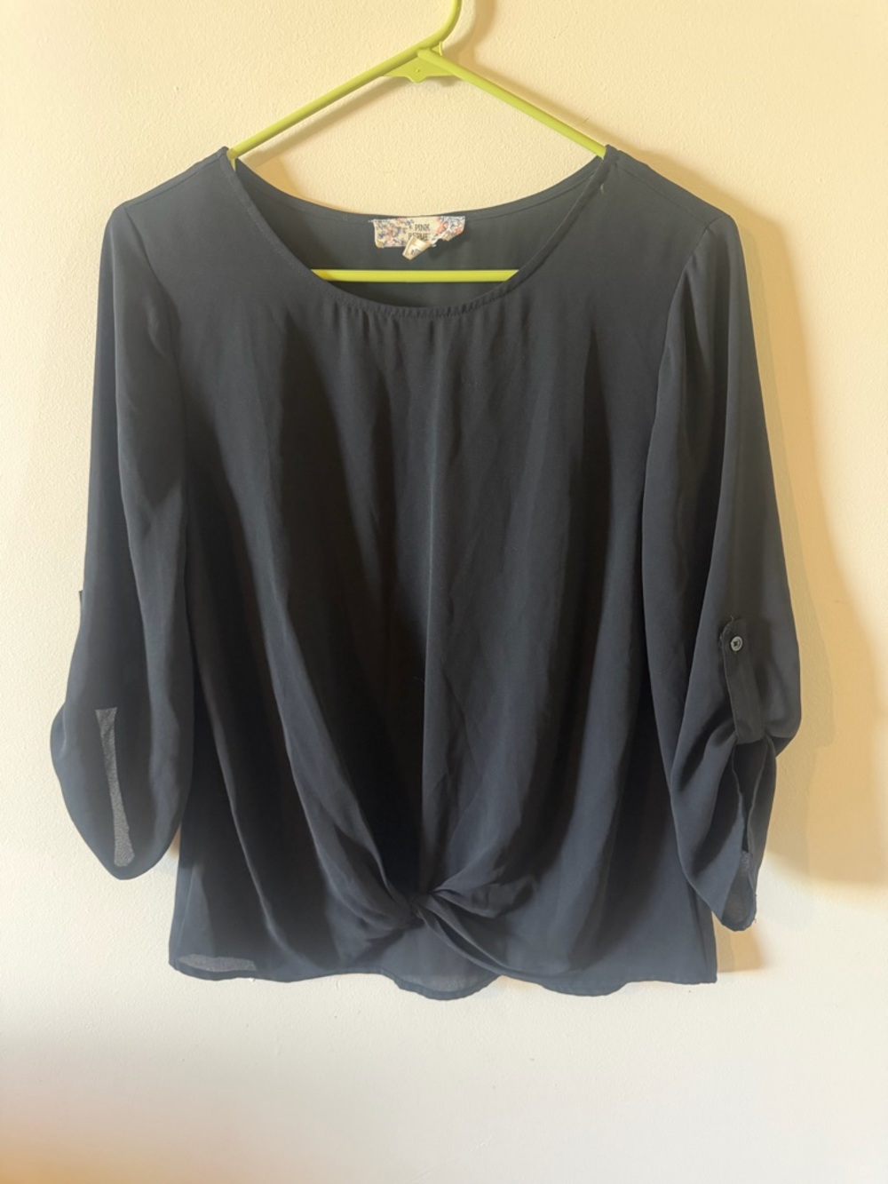 Pink Republic Black Twist-Front Sheer Sleeve Blouse
